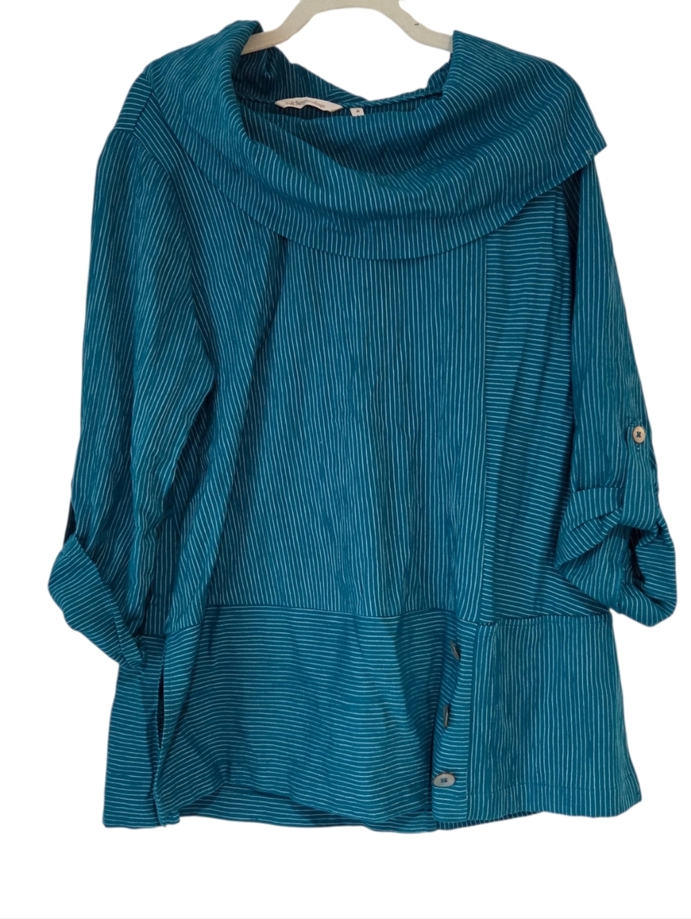 Soft Surroundings Women’s Medium Roll Tab Sleeve Cowl Neck Turquoise Tunic